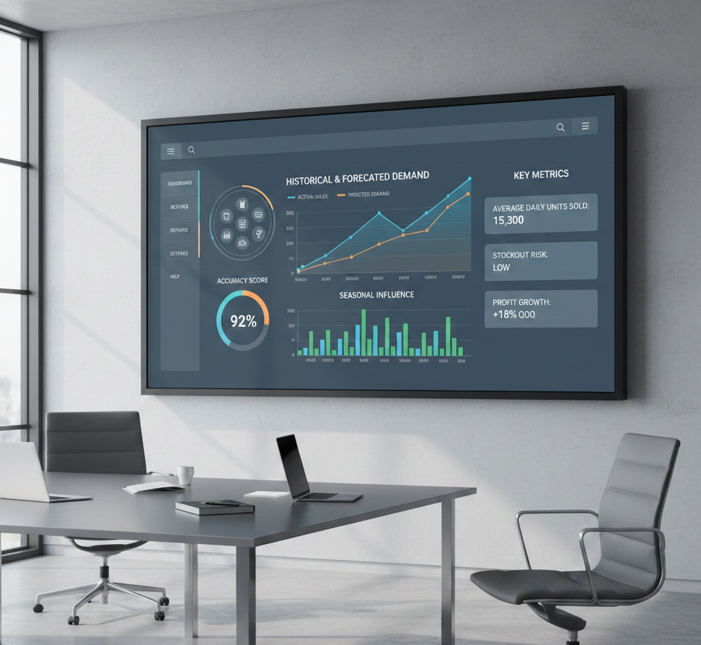Dashboard profesional de análisis de demanda mostrando gráficos de tendencias, pronósticos y métricas clave para cadenas de retail