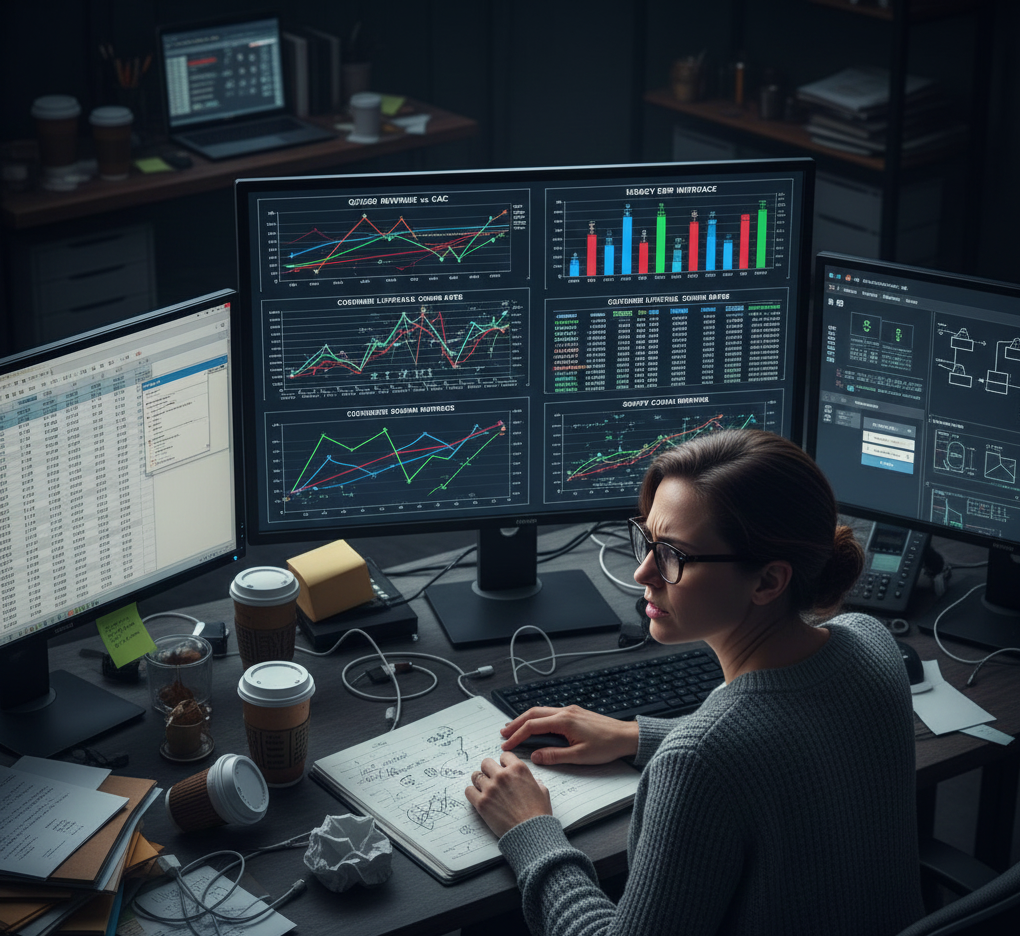 Analista de negocio examinando reportes complejos, gráficos confusos y datos dispares en múltiples pantallas, reflejando la complejidad actual