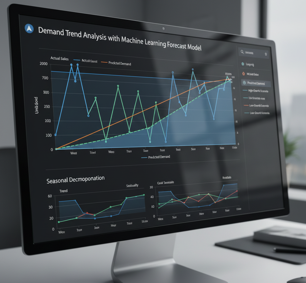Gráfico de tendencias de demanda con modelo de pronóstico machine learning mostrando series temporales, intervalos de confianza y escenarios predictivos