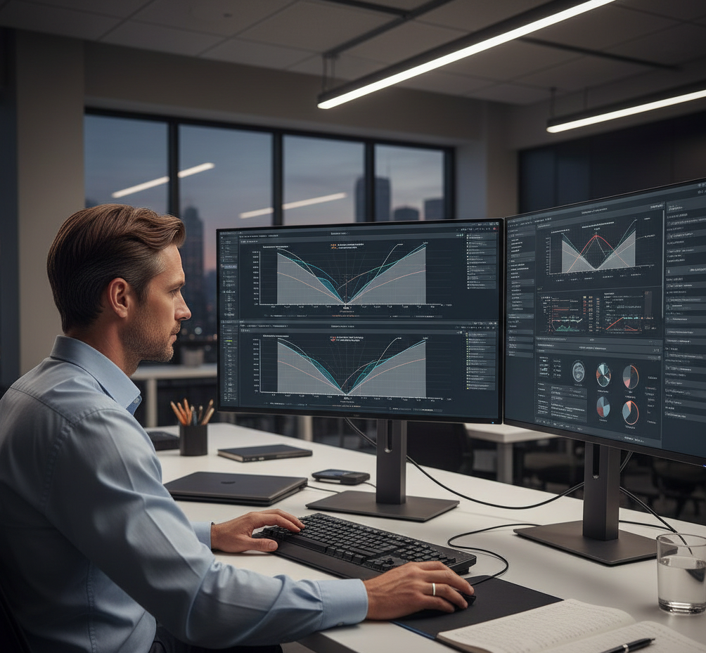 Profesional revisando modelos de pronósticos estadísticos avanzados con intervalos de confianza y escenarios multiples para demanda futura