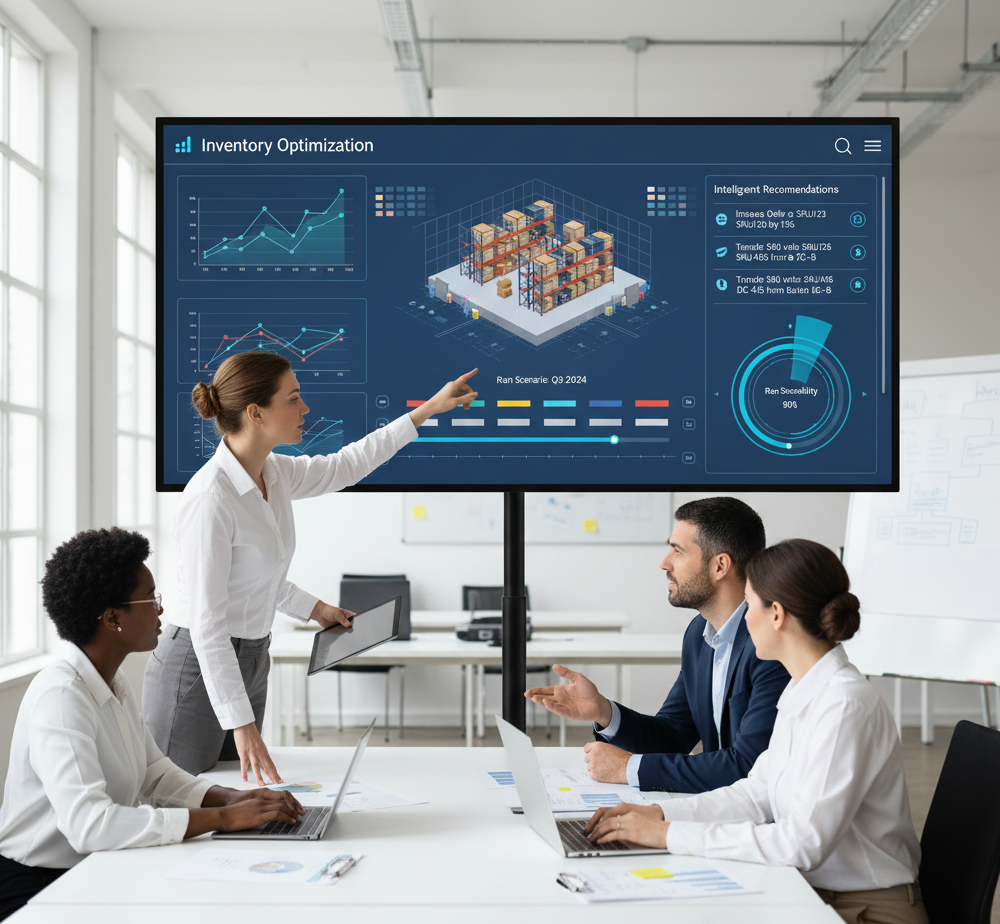 Equipo colaborativo optimizando niveles de inventario usando dashboards interactivos con recomendaciones inteligentes y simulaciones